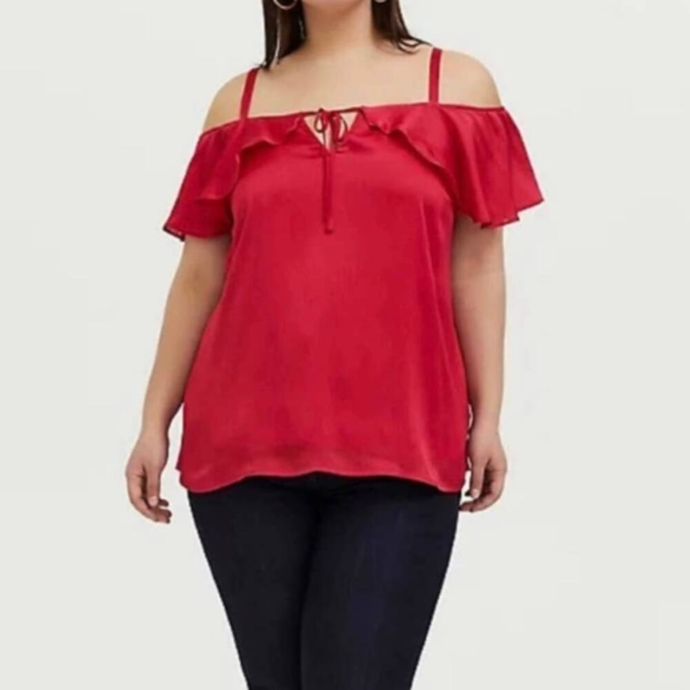 TORRID Red Cold-Shoulder Ruffle Overlay Georgette Blouse Size 00 (Medium)